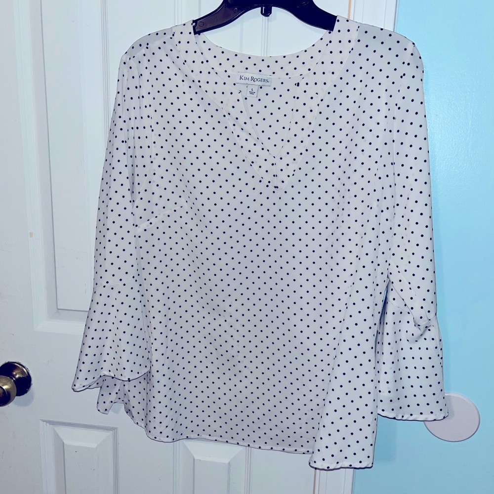 NEW WITH TAGS.  Classic white blouse with tiny black polka dots.
